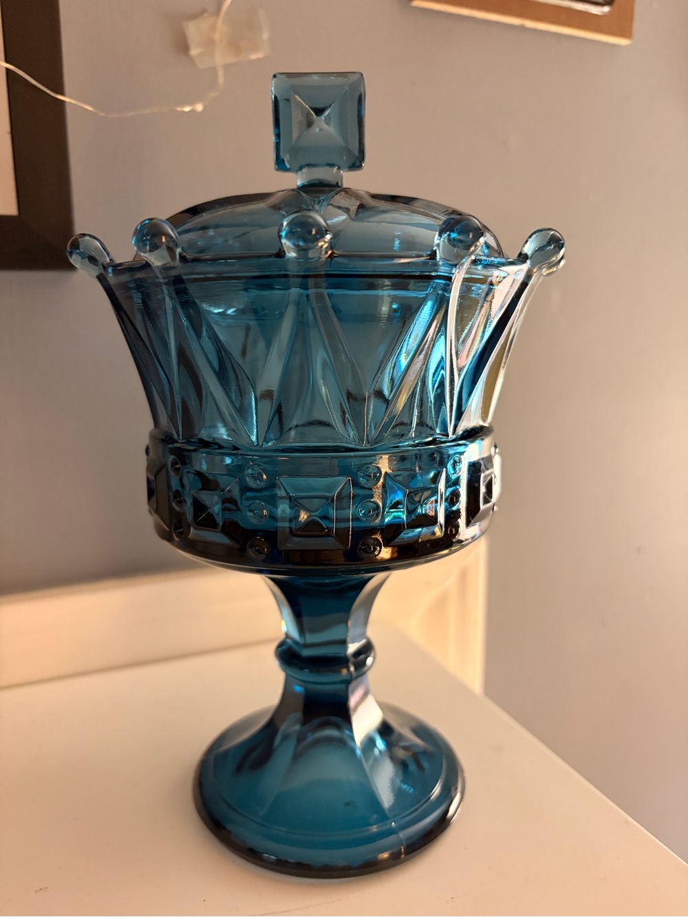 Vintage Fostoria, Windsor crown riviera blue chalice, candy dish with lid